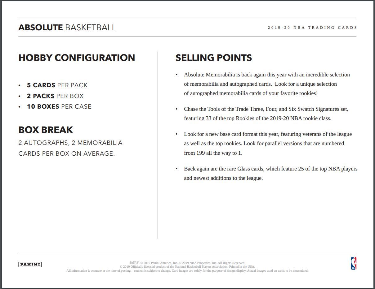 2019-20 Panini Absolute Memorabilia Basketball Hobby (Box)